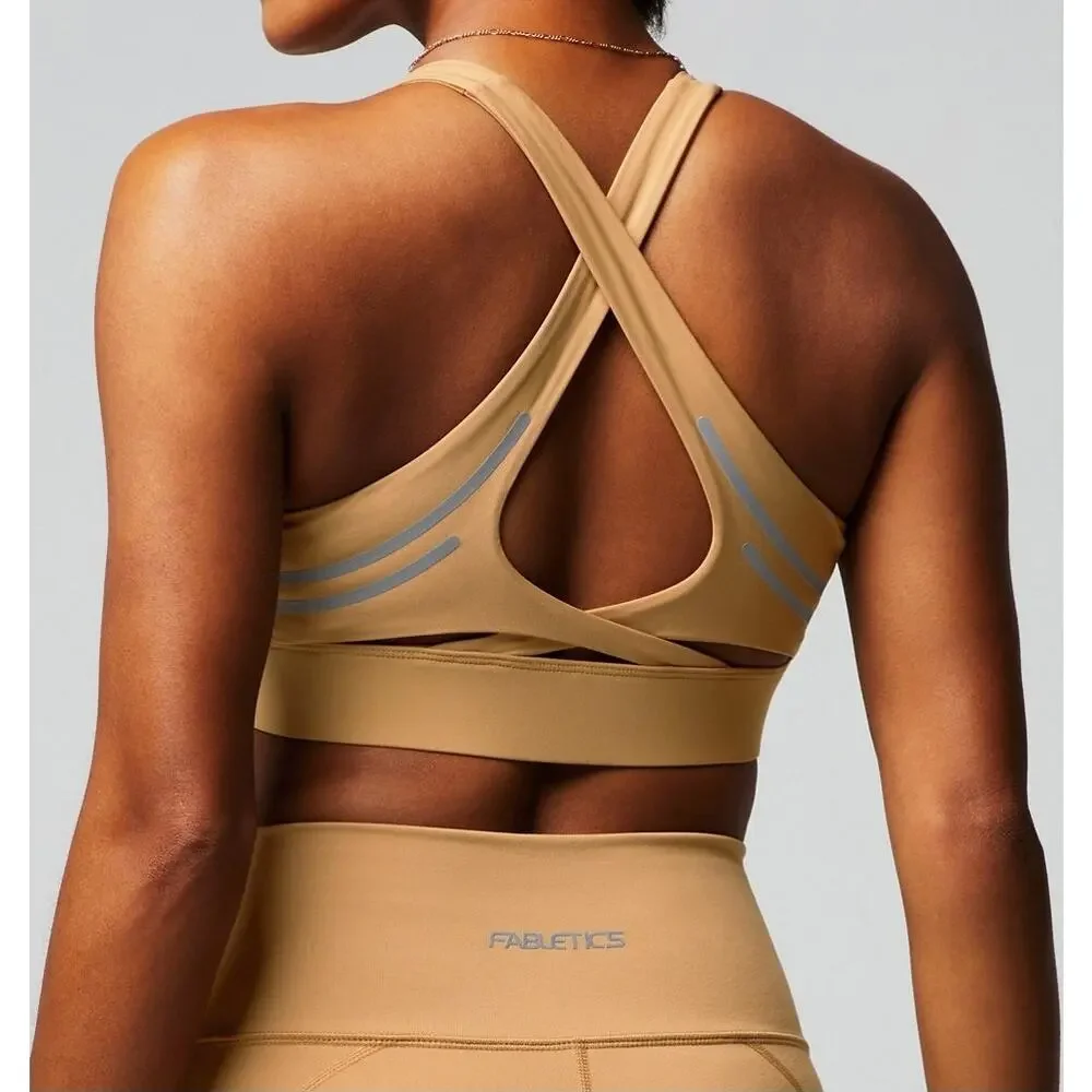 Fabletics No-Bounce Reflective Sports Bra Size Small Tan High Impact Workout Run